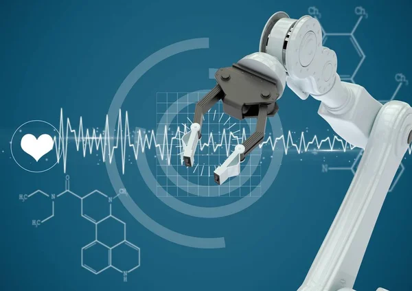 Fehér robot karom ellen fehér orvosi felület és a kék háttér — Stock Fotó