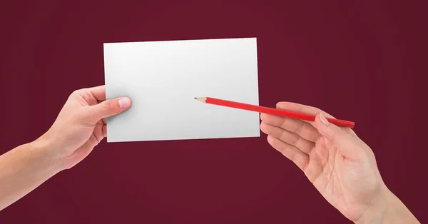 Hands holding blank card and pencil — Stock Photo, Image