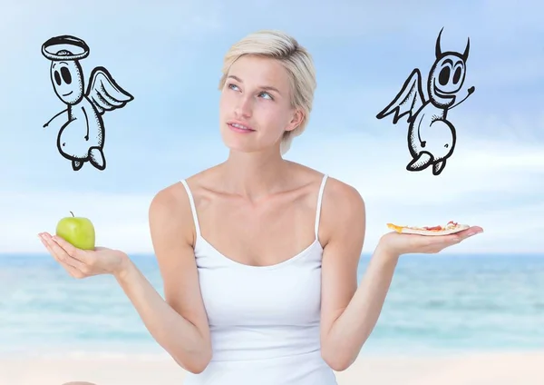 Woman choosing or deciding food good or evil with open palm hands — Stock Photo, Image