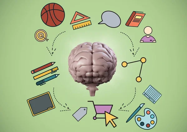 Pink brain with education graphics against green background — Stock Photo, Image