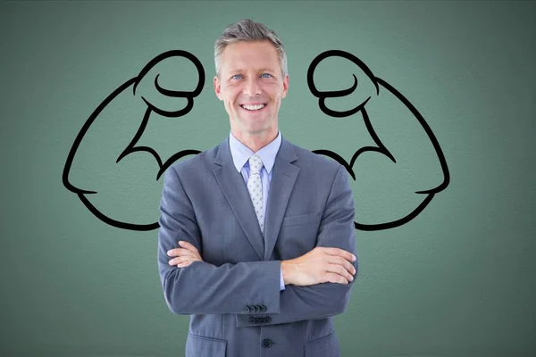 Hombre de negocios confiado contra fondo gris con dibujo de músculos flexionantes —  Fotos de Stock