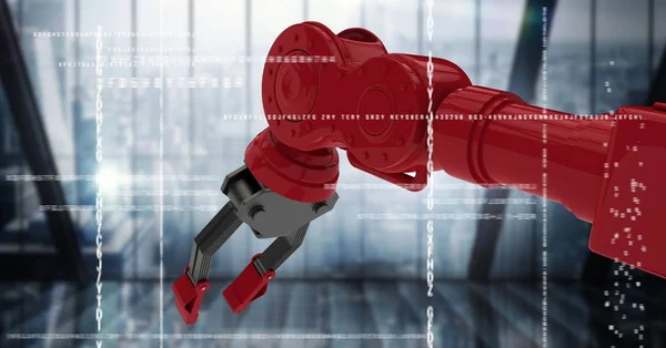 Garra robô vermelho segurando telefone atrás da interface branca contra a janela escura embaçada — Fotografia de Stock