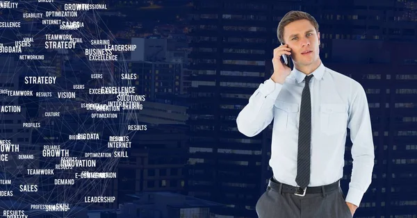 Man on phone against Night city with connectors — Stock Photo, Image