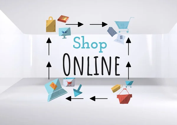 Shop Online text with drawings graphics — Stock Photo, Image