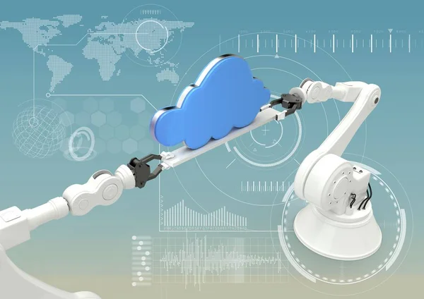 White robot claws with blue clouds against white interface and blue background — Stock Photo, Image