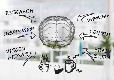 Transparent brain with black business doodles against blurry office clipart