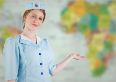 Stewardess with hand out against map clipart