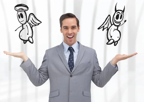 Man choosing or deciding good or evil with open palm hands — Stock Photo, Image