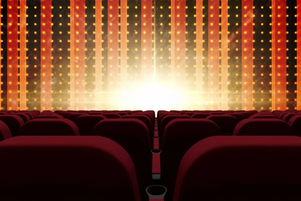 Composición 3d de asientos de cine frente a la pantalla con fondo abstracto —  Fotos de Stock