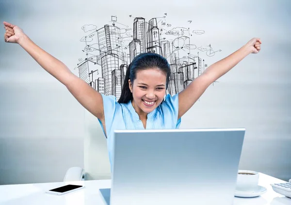 Woman at Desk with hands in air against sketch of buildings and blurry grey wood panel — Stock Photo, Image