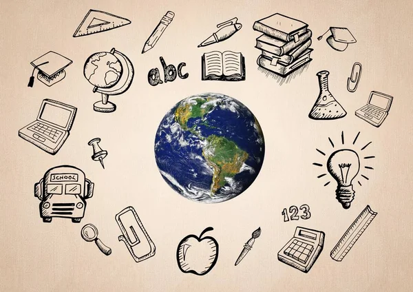 World with educatoin icon drawings agaisnt beige background — Stock Photo, Image