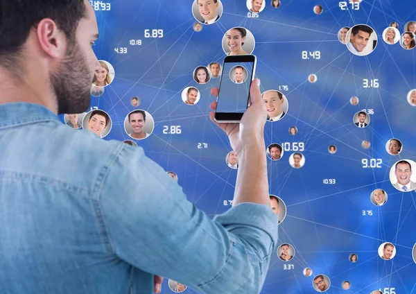 Man with phone against blue with connectors of people profiles — Stock Photo, Image