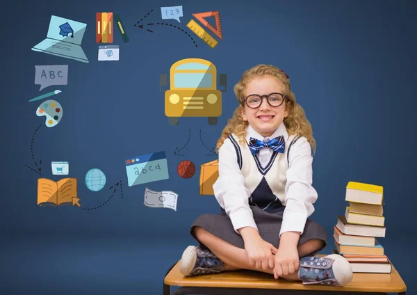 Niña con libros y dibujos gráficos de educación — Foto de Stock