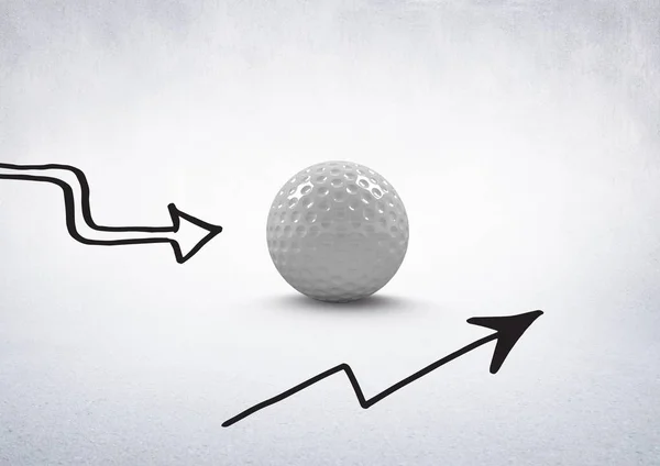 Bola de golfe com desenhos de seta contra fundo branco — Fotografia de Stock
