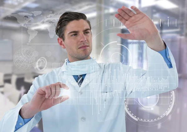 Man in lab coat behind white graph and flare against white interface and blurry lab — Stock Photo, Image