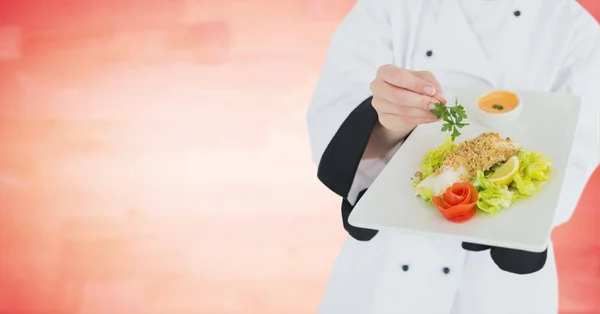 Chef com prato de comida contra fundo de madeira vermelha embaçada — Fotografia de Stock