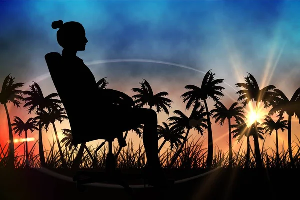 Silhouetten van dame zittend in de stoel van het Bureau tegen zonsondergang met palmbomen — Stockfoto