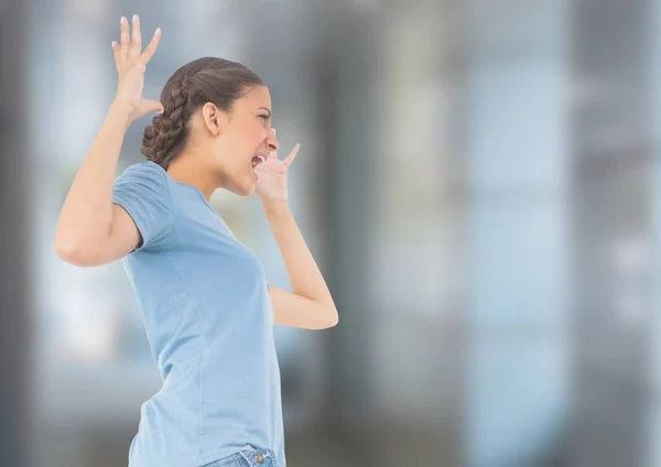 Stressed woman against blurred background — Stock Photo, Image