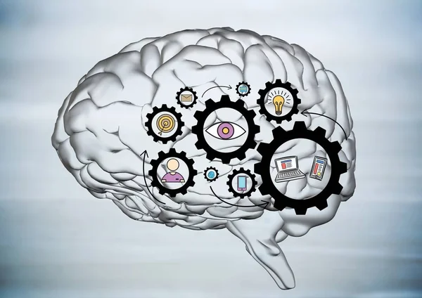 Bulanık gri ahşap panel karşı siyah dişli grafiklerle şeffaf beyin — Stok fotoğraf