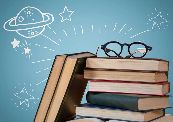 Pile of books and glasses with white space doodles against blue background — Stock Photo, Image