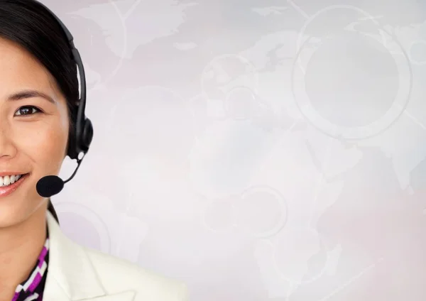 Close up of travel agent with headset against white map — Stock Photo, Image