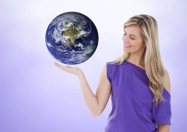 Woman with open palm hand under world earth — Stock Photo, Image