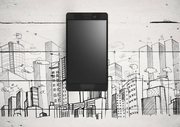 Telefoon tegen witte houten achtergrond met stad gebouwen tekeningen — Stockfoto