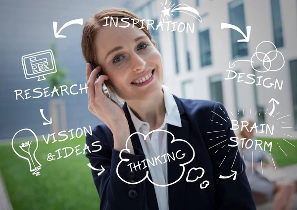 Business woman on phone with white business doodles — Stock Photo, Image