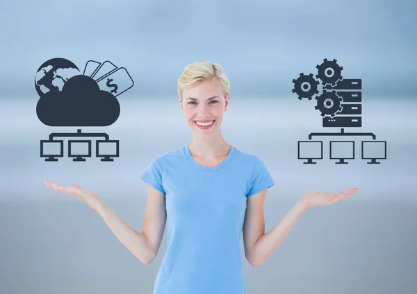 Woman choosing or deciding cloud storage or servers with open palm hands — Stock Photo, Image