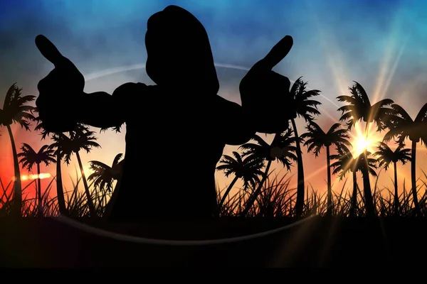 Silhuetas de senhora mostrando polegares para cima contra a vista do pôr do sol com palmeiras — Fotografia de Stock