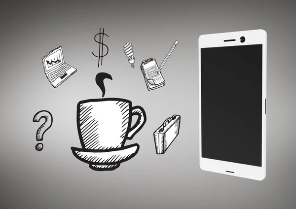 Téléphone sur fond gris avec des illustrations graphiques d'icônes d'affaires — Photo