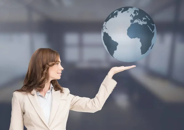 Woman with open palm hand under world earth globe — Stock Photo, Image