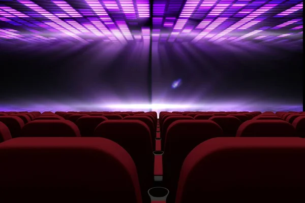 Composición 3d de asientos de cine frente a la pantalla con fondo abstracto —  Fotos de Stock