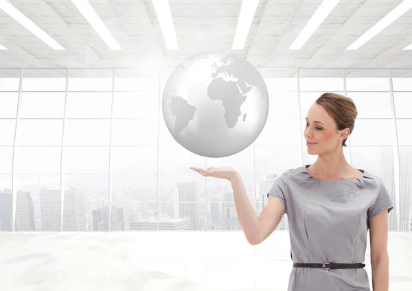 Woman with open palm hand under world earth globe — Stock Photo, Image