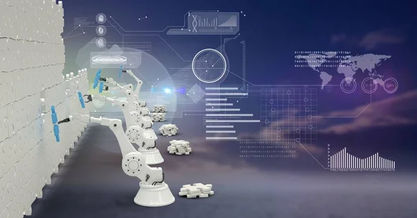 Bras robotiques 3D construisant un mur de puzzle recouvert d'une interface futuriste — Photo