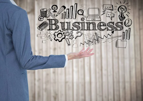 Business man side with hand out and black business doodles against blurry wood panel — Stock Photo, Image