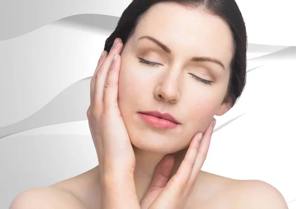 Woman with hands on face against white texture — Stock Photo, Image