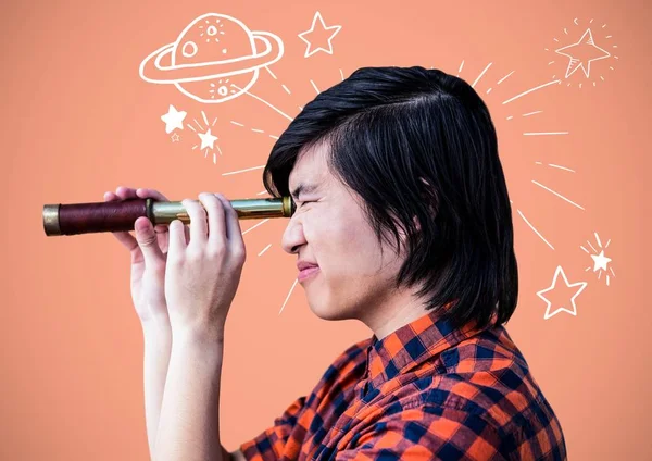 Mannen med teleskop med planeter och stjärnor astronomi teckningar grafik — Stockfoto