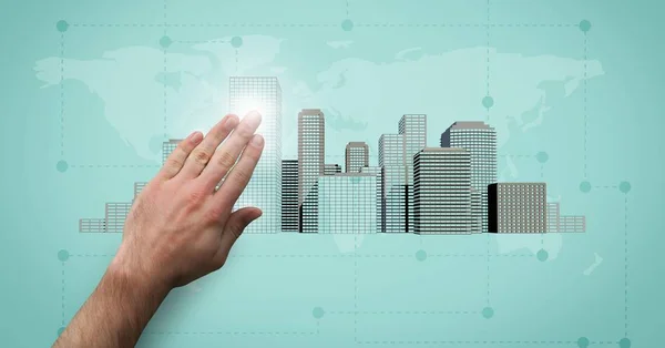 Hand touching pointing City with world map — Stock Photo, Image