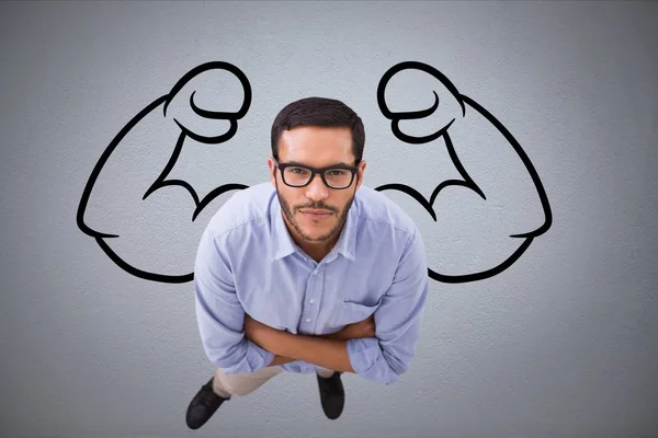 Aerial view of confident business man  against grey background with drawing of  flexing muscles — Stock Photo, Image