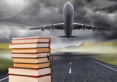 Books stacked by plane take off runway clipart