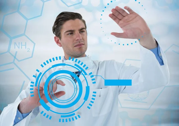 Man in lab touching blue interfaces — Stock Photo, Image