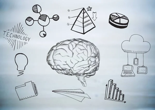 Transparent brain with black business doodles against blurry grey wood panel — Stock Photo, Image