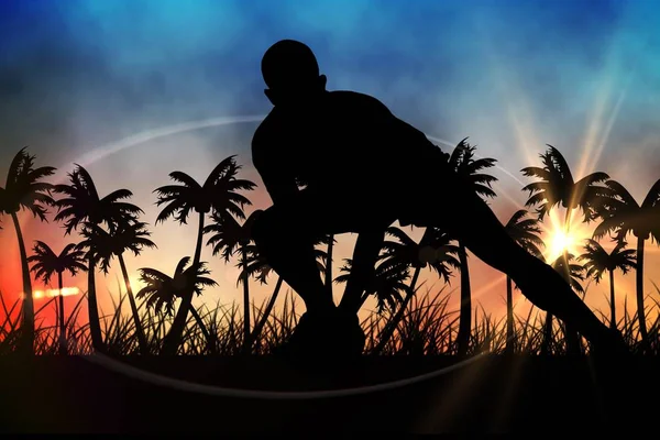 Силуэты игрока с мячом против заката с пальмами — стоковое фото