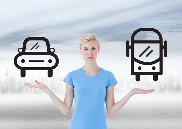 Woman choosing or deciding with open palm hands car or bus icon or public transport — Stock Photo, Image