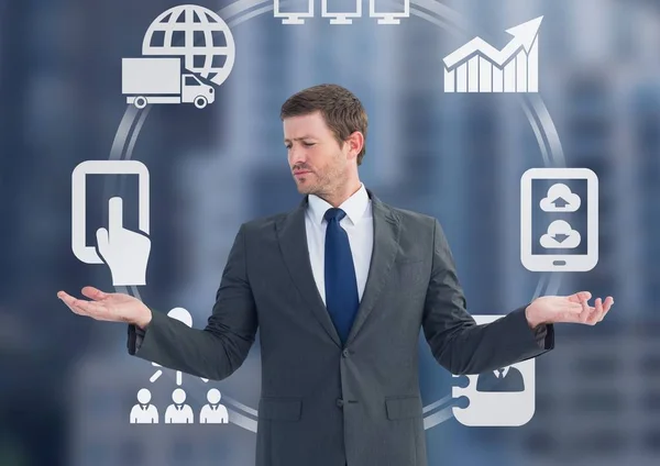 Man choosing or deciding business icons wheel with open palm hands — Stock Photo, Image