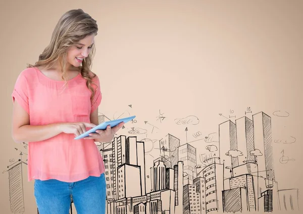 Woman with tablet against building sketch — Stock Photo, Image