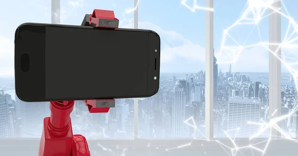 Red robot claw holding phone against white interface and window with skyline — Stock Photo, Image