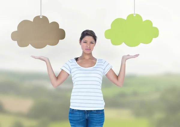 Woman choosing or deciding clouds with open palm hands — Stock Photo, Image