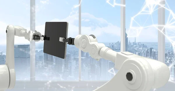 Garras de robô branco com dispositivo contra interface branca e janela com skyline — Fotografia de Stock